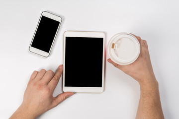 Man working with tablet, top view