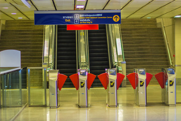 Bangkok, Thailand - February 22, 2017: View of barrier gate for access in to Silom MRT (Metropolitan Rapid Transit) subway station