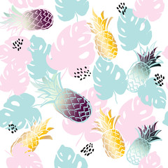 Seamless exotic pattern with pineapple palm leaves on white background. Tropical monstera leaves illustration. Fashion design. print fabric textile, wallpaper, wrapping paper. hand drawing, contour.