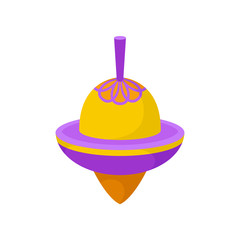 Purple-orange spinning top. Classic plastic whirligig. Children toy. Kids development game. Flat vector icon