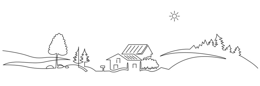 Rural landscape continuous one line vector drawing