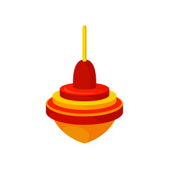 Flat vector icon of bright red-orange whirligig. Plastic spinning top. Traditional children toy