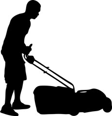 Man cutting the grass with lawnmower silhouette