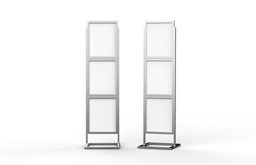 Free standing poster display holder metal stand, mock up template on isolated white background, ready for design presentation, 3d illustration