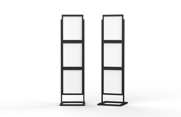 Free standing poster display holder metal stand, mock up template on isolated white background, ready for design presentation, 3d illustration
