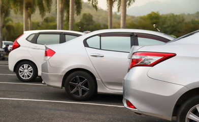 Closeup of back or rear side of bronze car and other cars parking in parking area with natural background. 