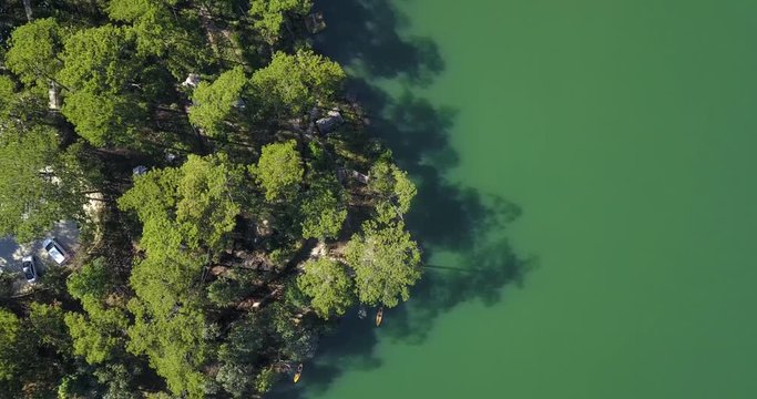 green pine forest in tuyen lam lake from aerial view