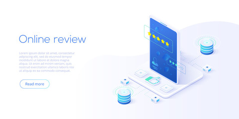 Online review concept in isometric vector illustration. Customer survey or reputation rating via mobile internet on smartphone. User feedback service on product or app. Web banner layout template.
