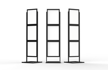 Free standing poster display holder metal stand, mock up template on isolated white background, ready for design presentation, 3d illustration
