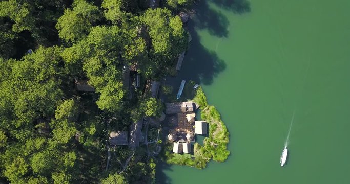 green pine forest in tuyen lam lake from aerial view