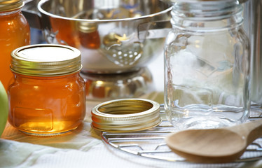 Bottled jam of the table of the kitchen
