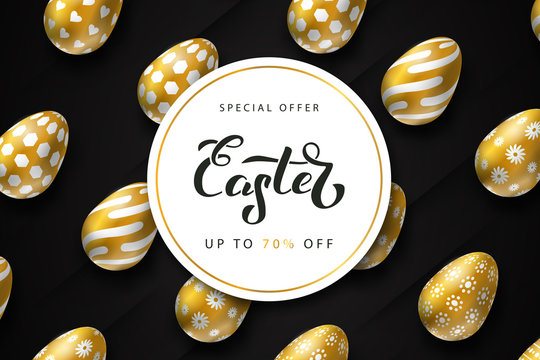 Vector realistic isolated poster of Easter sale with golden colored eggs for template decoration and layout covering on the dark luxury background. Concept of Happy Easter.