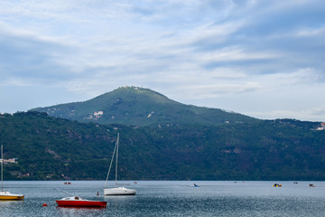 Boats on the Lake Albano in the Alban Hills of Lazio, Italy
