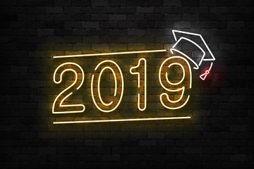 Vector realistic isolated neon sign of Graduation 2019 logo for template decoration and layout covering on the wall background.