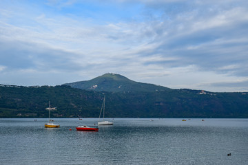 Boats on the Lake Albano in the Alban Hills of Lazio, Italy