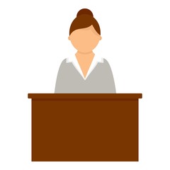 Business lady at desktop icon. Flat illustration of business lady at desktop vector icon for web design