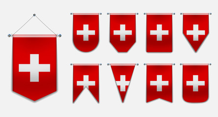 Set of hanging flags of the SWITZERLAND with textile texture. Diversity shapes of the national flag country. Vertical Template Pennant for background, banner, web, logo,award, achievement, festival.