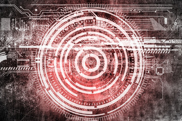 Abstract grunge futuristic cyber technology background. Sci-fi circuit design. Drawing on old grungy surface. Scratch wall