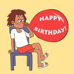 kid blowing balloons for birthday party cartoon