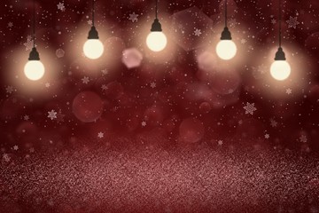 Fototapeta na wymiar red beautiful shining glitter lights defocused bokeh abstract background with light bulbs and falling snow flakes fly, festive mockup texture with blank space for your content