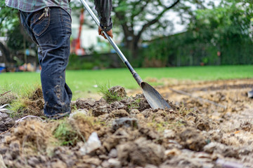 gardener digs the soil with his equipment for gardening and prepare land for plantation.