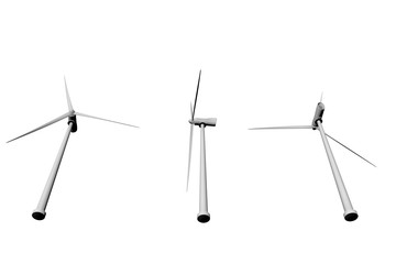3 windmills view from bottom isolated on white background - wind power industrial illustration, 3D illustration