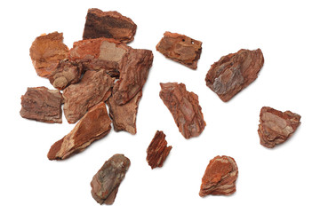 Tree bark pieces isolated on white background. top view