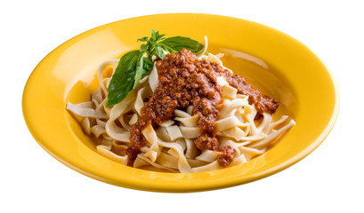 Pasta Bolognese in a bright plate. Italian traditional dish. Meals for children.
