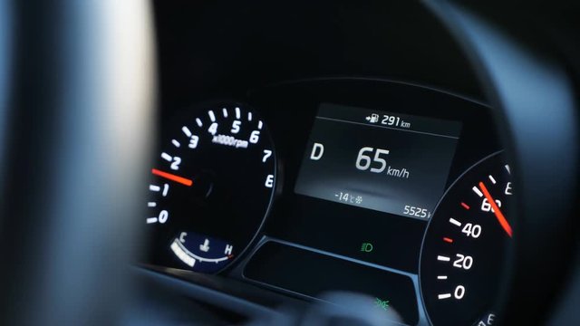 close up of speedometer in modern car, slow motion