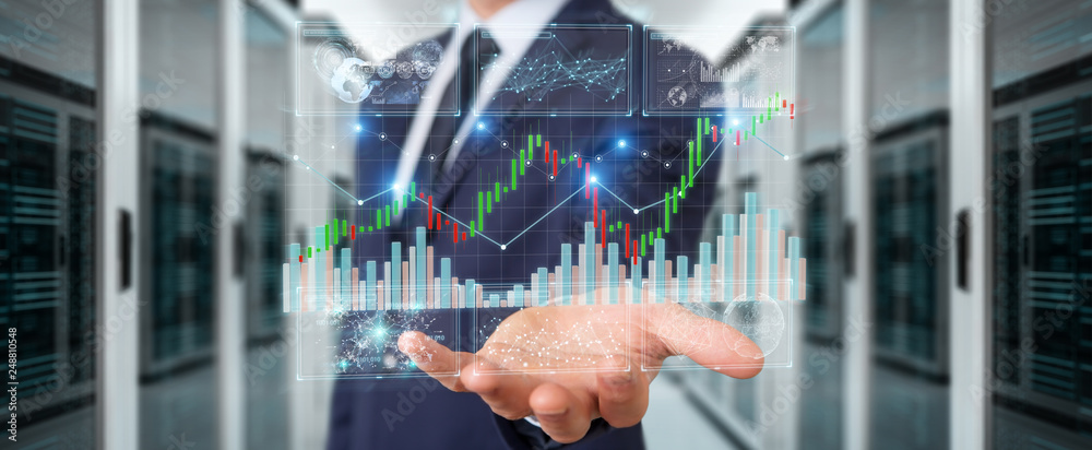 Fototapete businessman using 3d rendering stock exchange datas and charts