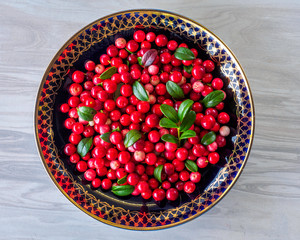 Ripe fresh cowberry (lingonberry, partridgeberry, foxberry) in blue plate on white vintage table....