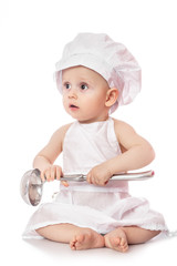 Infant cook baby portrait wearing apron and chef hat with metal ladle, isolated on a white background. with free space for text design or logotype menu restaurant