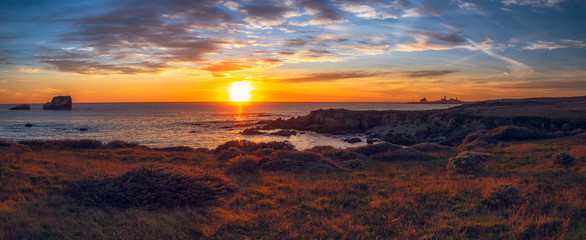 Fototapeta na wymiar Panoramic viewsunset over the sea, beautiful coastline with red flowers, sea with cliffs, and colorful cloudy sky