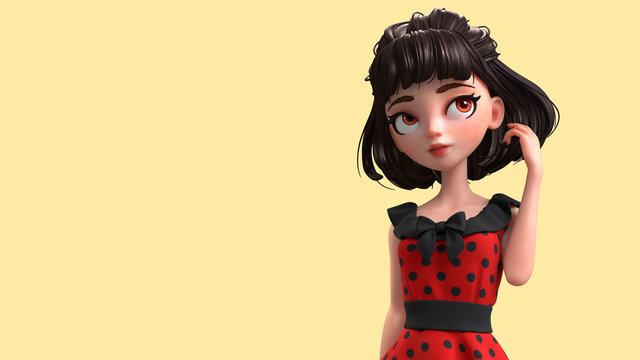 3d cartoon character of a brunette retro girl with big brown eyes. Closeup of a beautiful cute cartoon fashion valentines girl in red dress with black polka dots. 3D rendering on yellow background.