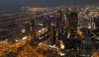 Fototapeta na wymiar Night-time view of downtown Dubai from Burj Khalifa