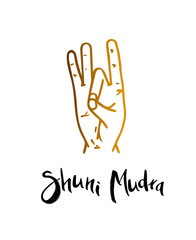 Shuni Mudra - gesture in yoga fingers. Symbol in Buddhism or Hinduism concept.Mudra breeds awareness of our inner divine "I" and contributes to life in the moment  Vector illustration.
