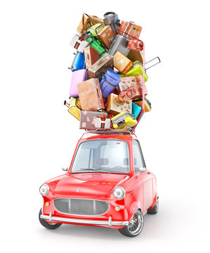 Travel concept. Red vintage car with travel suitcases on the roof. 3d illustration