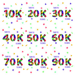 Thank you 10-90k followers numbers postcard set. Congratulating gradient flat style gradient thanks image vector illustration isolated  white background. Template for internet media social network.