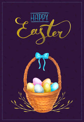 Watercolor illustration colorful egg basket. Lettering Happy Easter. Greeting postcard, poster, banner, web. On dark background. Hand drawn.