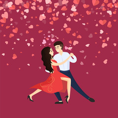 Dancers man and woman, Valentine day. Cartoon character couple dancing vector. Card decorated by hearts, girl in dress and man in suit, romantic dance vector