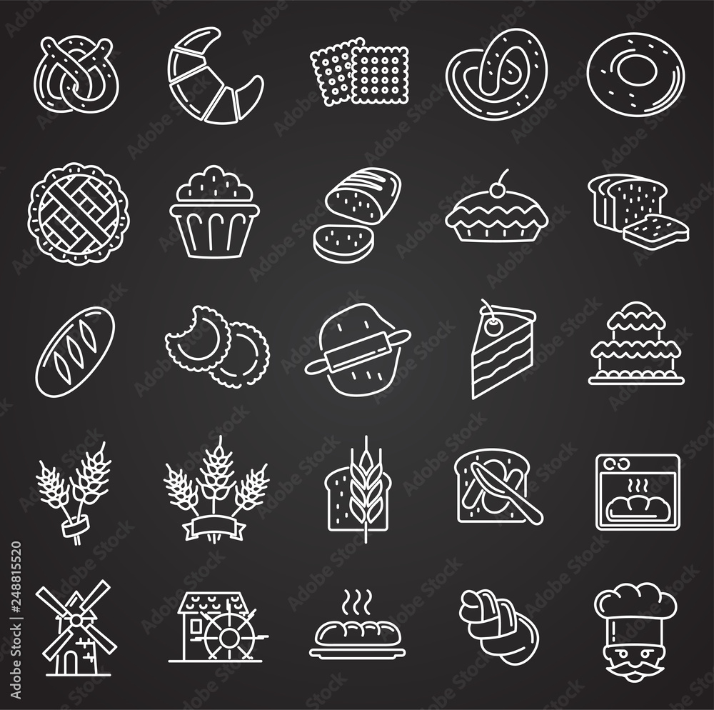 Poster bakery outline icons set on black background for graphic and web design, modern simple vector sign. 