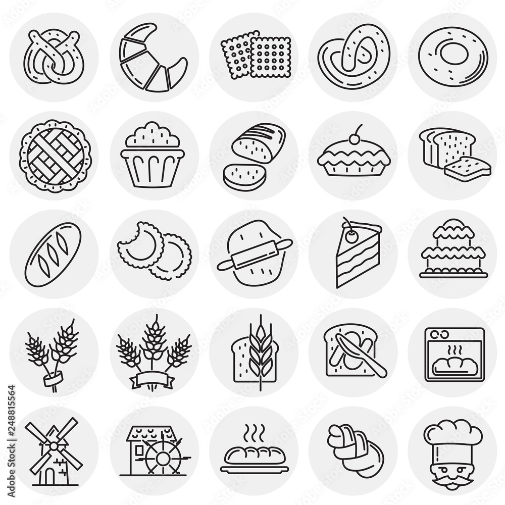 Poster bakery outline icons set on circles background for graphic and web design, modern simple vector sign