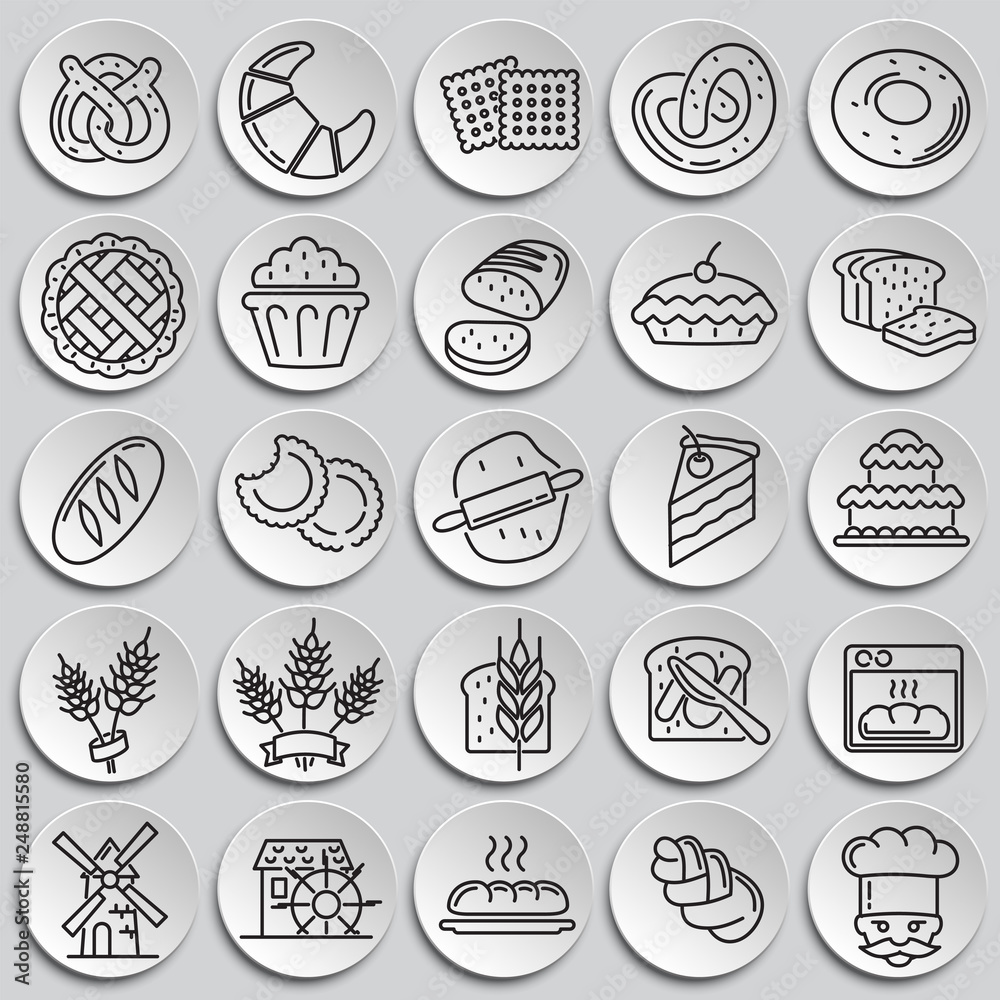Poster bakery outline icons set on plates background for graphic and web design, modern simple vector sign.