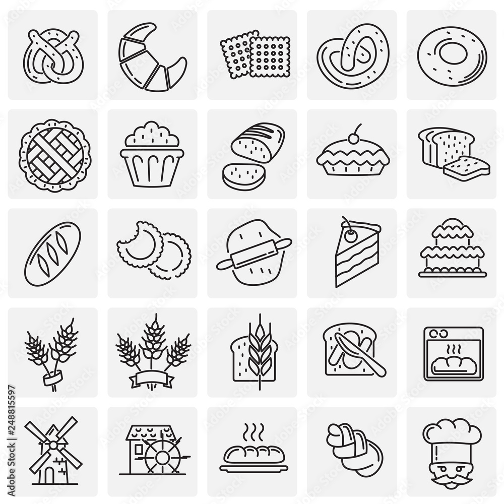 Poster bakery outline icons set on squares background for graphic and web design, modern simple vector sign