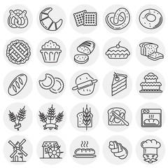 Bakery outline icons set on circles background for graphic and web design, Modern simple vector sign. Internet concept. Trendy symbol for website design web button or mobile app