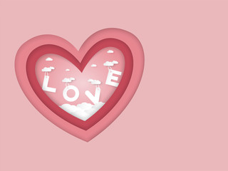 Valentines day vector background with pink heart shape and love word  over cloud, paper cut design