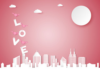 Fototapeta premium Valentines day vector background with pink heart shape and wing, love word over cloud and cityscape concept, paper cut design