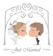 Just married! Wedding Invitation, Greetings in vector. Newlyweds: bride and groom. Husband and wife illustration. Save the Date!