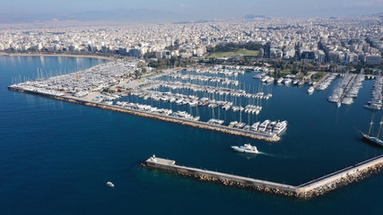 Aerial drone photo of famous marina of Alimos with yachts and sailboats docked, Athens riviera, Attica, Greece
