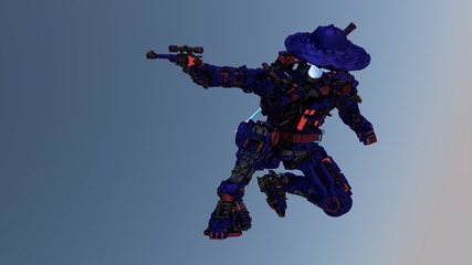 Fototapeta na wymiar Sci-fi mech soldier on a background. Military futuristic robot warrior with Blue and Black color metal. Scratched metal armor robot. 3Drendering.
